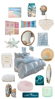 a collage of beach themed items including a bed, mirror, and other things