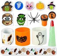 various halloween decorations and stickers are arranged on a white background with an orange marker