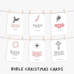 christmas cards hanging on a clothes line with the words bible christmas cards written below them