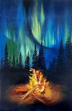 an oil painting of a campfire with the northern lights in the background