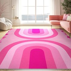 a living room with pink rugs and furniture