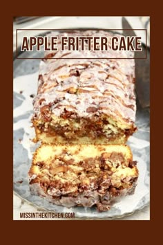 an apple fritter cake cut in half on top of aluminum foil with the words apples fritter cake above it