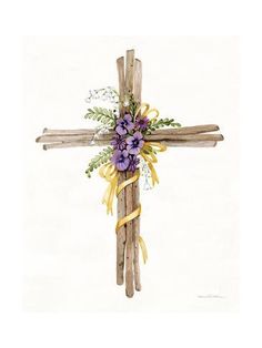 a cross with purple flowers and yellow ribbons