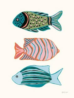 three different colored fish on a white background