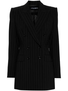 black virgin wool blend pinstripe pattern double-breasted button fastening peak lapels long sleeves buttoned cuffs chest welt pocket dart detailing two side flap pockets central rear vent full lining shoulder pads straight hem Dolce Gabbana Jacket, Pinstripe Pattern, Yoko London, City Dress, Summer Beach Wear, Ski Wear, Wool Blazer, Black Blazers, Welt Pocket