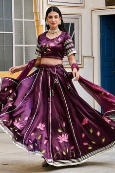 Purple lehenga with all over lotus bloom prints, elevated with gota patti embroidery. Paired with a coordinating blouse with gota patti panels on sleeves and dupatta. - Aza Fashions Semi-stitched Digital Print Choli For Wedding, Floor-length Digital Print Lehenga For Navratri, Fitted Bollywood Sharara With Digital Print, Bollywood Style Fitted Sharara With Digital Print, Silk Anarkali Lehenga With Digital Print, Silk Digital Print Sharara For Navratri, Silk Sharara With Digital Print For Navratri, Semi-stitched Digital Print Lehenga For Navratri, Floor-length Digital Print Lehenga For Festivals