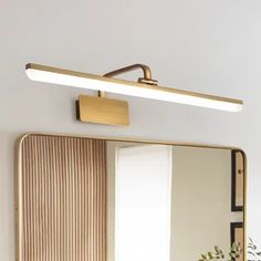 a bathroom vanity with a mirror and light on it's side, next to a potted plant