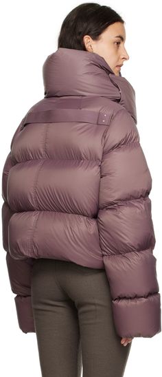 Lightweight down-filled GRS-certified recycled nylon satin jacket. · Press-stud fastening at funnel neck · Zip closure · Welt pockets · Cropped hem · Inset rib knit wool cuffs · Webbing strap at back yoke · Fully lined Supplier color: Amethyst Fill: 90% down, 10% feathers. Fall Nylon Puffer Jacket With Ribbed Cuffs, Winter Nylon Puffer Jacket With Ribbed Cuffs, Down Puffer Jacket With Ribbed Cuffs For Cold Weather, Cold Weather Down Puffer Jacket With Ribbed Cuffs, Winter Polyamide Outerwear With Padded Collar, Winter Outerwear With Padded Collar In Polyamide, Winter Puffer Outerwear In Polyamide, Winter Polyamide Puffer Outerwear, Winter Puffer Outerwear Made Of Polyamide