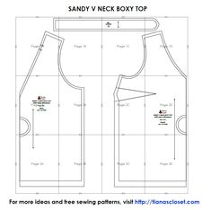 the sewing pattern for sandy's neck box top is shown with measurements and instructions