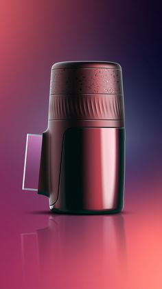 a close up of a camera lens on a pink and purple background with an empty square in the bottom right corner