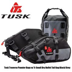 two black and grey bags with the words tusk on them