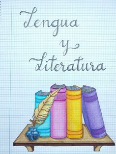 a notebook with some books and a feather on top of it, in the language lengua y diterdraivaa