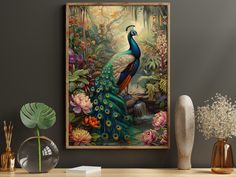 a peacock is standing in the middle of flowers and plants on a table next to a vase