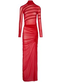 scarlet stretch-design mesh design draped detailing roll neck long sleeves straight hem full-length Gaultier Dress, Jean Paul Gaultier Dress, Wardrobe Edit, City Dress, Mesh Design, Paul Gaultier, Exclusive Fashion, Roll Neck, Jean Paul Gaultier