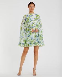 Floral Print High Neck Ruffle Hem Cape Mini Dress Spring Silk Chiffon Dress With Floral Print, White Silk Chiffon Spring Dress, White Silk Chiffon Dress For Spring, Spring Silk Chiffon Dress With Ruffles, Spring Silk Chiffon Dress, Floral Print Dress With Cape Sleeves For Party, Green Chiffon Dress With Ruffles For Spring, Green Chiffon Dress With Ruffles For Garden Party, Long Sleeve Silk Chiffon Dress With Ruffles