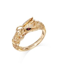 Bloomingdale's Fine Collection Diamond & Ruby Accent Dragon Ring in 14K Yellow Gold Luxury Snake Ring With Diamond Accents, Luxury Diamond Snake Ring, Designer Yellow Gold Rings With Pave Setting, Designer Yellow Gold Diamond Cut Ring, Designer Yellow Gold Rings With Diamond Cut, Luxury Formal White Gold Snake Ring, Designer Yellow Gold Diamond Ring Hallmarked, Luxury Brilliant Cut Snake Ring For Wedding, Luxury Pave Set Snake Ring For Anniversary