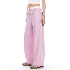 TAVIMART - Fake Two-piece Striped Straight Casual Trousers Fashionable Street Lazy Wide Leg Pants Korean Simple and Versatile Trousers Full Length Cotton Bottoms For Vacation, Pink Cotton Wide Leg Pants With Elastic Waistband, Casual Wide Leg Full Length Pants For Daywear, Casual Full Length Wide Leg Pants For Daywear, Spring Daywear Harem Pants, Full Length Bottoms For Daywear In Summer, Full Length Summer Bottoms For Daywear, Casual Full-length Pants For Daywear, Casual Daywear Pants