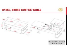 the coffee table is shown with measurements for each side and an additional height to it