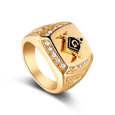 Retro Round Cubic Zirconia Masonic Ring, Hip Hop Gold Tone Ring Jewelry For Men Size: 12.5 Stock Id: Tja48-02 Mason Ring, Hip Hop Mode, Freemason Ring, Masonic Jewelry, Hip Hop Rings, Masonic Ring, Simulated Diamond Rings, Ringe Gold, Golden Ring