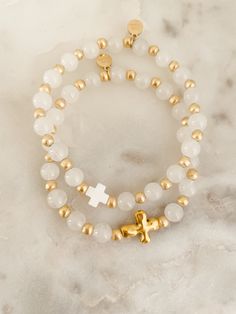 Everyday Cross Bracelet 4mm gold plated beads/ 6mm jade beads 7 inches Gold Stretch Bracelet With Gemstone Beads, Gold Spiritual Stretch Bracelet With Gemstone Beads, White Spiritual Beaded Bracelets With Gold Beads, White Spiritual Beaded Bracelet With Gold Beads, Gold Rosary Bracelet With Gemstone Beads, Gold Spiritual Stretch Bracelet With Faceted Beads, Spiritual Gold Stretch Bracelet With Faceted Beads, White Crosses, Cross Bracelet