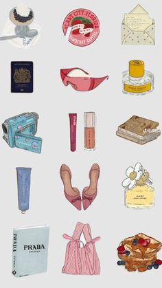 various items are arranged in the shape of a circle on a white background, including shoes, purses and other things