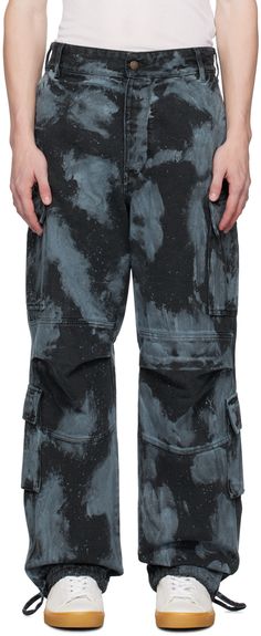 Wide-leg non-stretch denim jeans. Hand-dyed tie-dye pattern and paint splatter effect throughout. · Belt loops · Four-pocket styling · Button-fly · Tucks at knees · Drawstring at cuffs · Cargo pockets at outseams · Gusset at inseam · Logo flag at back waistband · Grosgrain straps at back Supplier color: Bluesh grey & black Tie Dye Men, Tie Dye Patterns, Paint Splatter, Jeans Pants, Aesthetic Clothes, Stretch Denim, Cargo Pants, Blue Jeans, Apparel Accessories