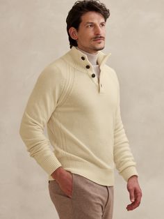 This lofty sweater uses rugged exposed seams and a ribbed button neck crafted from Italian recycled wool.  Fabric from Italy's Filpucci Mill.  Mock neck with button closure.  Standard fit.  Long sleeves.  Hip length.  Body length (size M): Regular 27", Tall 28" Sleeve length from center back: Regular 34", Tall 35. 5" Mens Inspo, Exposed Seams, Wool Fabric, Wool Sweater, Winter Sale, Hip Length, Wool Sweaters, Cream White, Charcoal Grey