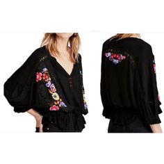 Stunning Free People Flowy Top Tags Off But Never Worn! Loose Fit And Sleeves With Floral Embroidery. It Has A Gathered Waist And Can Be Worn Regular Or Mid-Drift. Size Small - Has An Oversized Bohemian Fit. Black V-neck Tops With Floral Embroidery, Black V-neck Blouse With Floral Embroidery, Black Embroidered Top For Spring, Casual V-neck Embroidered Top For Fall, Fall Floral Embroidered V-neck Top, Black Embroidered Long Sleeve Top For Spring, Black Long Sleeve Embroidered Top For Summer, Black Long Sleeve Tops With Floral Embroidery, Black Short Sleeve Embroidered Casual Top