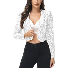 Add a touch of glamour to your outfit with the Anna-Kaci Women's Sequin Bedazzled Long Sleeve Bolero, featuring shimmering sequins and adjustable spaghetti straps for a customizable fit. This dazzling bolero is perfect for pairing with a fitted skirt, skinny jeans, or any bottoms, making it a versatile addition to your wardrobe. Fitted Sequin Fabric For Spring, Fitted Sequin Fabric For Fall, Glamorous Fitted Sequin Fabric For Winter, Glamorous Fitted Sequin Fabric For Spring, Embellished Sequin Fabric For Fall Fitted Outfits, Fall Embellished Fitted Sequin Fabric, Fall Embellished Sequin Fabric In Fitted Style, Glamorous Fitted Sequin Fabric For Fall, Fitted Sequin Fabric For Spring Night Out