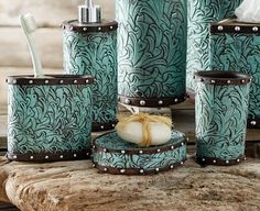 PRICES MAY VARY. A BLACK FOREST DECOR EXCLUSIVE: A tooled flower design is replicated in cast resin on these western accessories with a two-tone turquoise finish and studded trim. EASY RETURNS: Ensuring great quality and performance, we deliver nothing but joy to our customers. If for any reason this product dissatisfies you, let us know and we will make it right with our 60-day hassle-free returns. DESIGNED FOR BATHROOM: Bring a sense of tranquility with our matching soap dish, toothbrush holde