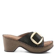 SPRING STEP Style: NIENNA Elevate your style and comfort with our demi wedge slip-on, featuring a sumptuous suede footbed, a striking large buckle detail, and a choice of luxurious leather uppers. Upper: Leather Lining: Leather Insole: Suede Outsole: Polyurethane Closure: Slide Heel Height: 2 3/4" Platform Height: 1" Features: - Memory Foam - Fit Recommendation: Fits true to size - The suede ultra-comfortable footbed offers unparalleled cushioning and support for all-day wear. - A prominent large buckle detail adds a touch of sophistication and serves as a stylish focal point. - Choose from a variety of leather uppers, allowing you to tailor the slip-on to your unique style preferences, from classic to contemporary. Made in India Chic Platform Slippers With Leather Footbed, Chic Wedge Heel Clogs With Buckle Closure, Leather Platform Slippers With Round Toe And Buckle Closure, Leather Platform Slippers With Buckle Closure, Leather Wedge Heel Mules With Buckle Closure, Leather Mules With Buckle Closure And Wedge Heel, Black Suede Footbed Sandals For Summer, Black Slip-on Wedge Sandals With Buckle, Leather Slip-on Wedge Sandals With Buckle Closure