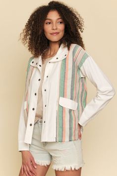 Stripe Mixed JacketButton downFront pocketsFrayed bottom hem-Shell/Contrast 100% Cotton, Lining 100% Rayon-Model wears: S / Model height: 5` 9.5" Casual Cotton Outerwear With Frayed Hem, Casual White Shacket With Buttons, Casual White Outerwear With Buttoned Pockets, Cotton Outerwear With Frayed Hem For Day Out, Casual White Utility Jacket With Button Closure, Spring Relaxed Fit Shacket With Button Cuffs, Spring Cotton Shacket With Buttons, Spring Cotton Shacket With Button Cuffs, White Casual Utility Jacket With Patch Pockets