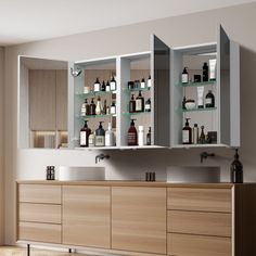 a modern bathroom with wooden cabinets and glass shelves