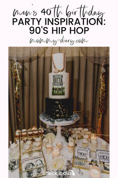 a black and white wedding cake surrounded by cupcakes on a table with gold confetti