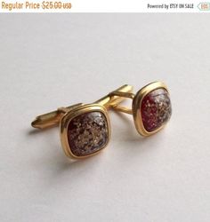 ON SALE Red Confetti Cufflink Set Vintage KREMENTZ Gold Toned Glitter Cufflinks Square Cuff Links Set Mens Cufflinks Vintage Accessories Blue Sparrow, Red Confetti, Mens Cufflinks, Vintage Cufflinks, Cufflink Set, Vintage Cocktail, Puffy Heart, Cufflinks Men, Enamel Earrings