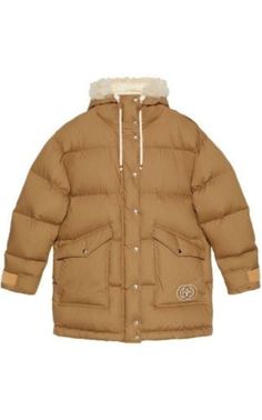 Padded Cotton Puffer Jacket Gucci Gucci Luxury Cotton Outerwear, Luxury Gucci Cotton Outerwear, Brown Gucci Outerwear With Pockets, Gucci Brown Outerwear With Pockets, Gucci Designer Cotton Outerwear, Designer Gucci Cotton Outerwear, Luxury Gucci Hooded Outerwear, Luxury Hooded Gucci Outerwear, Designer Quilted Hooded Puffer Jacket