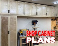 the shop cabinet plans are open and ready to be used for workbench storage