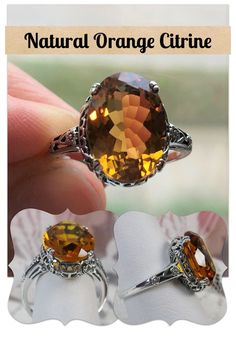 Here we have an Edwardian reproduction ring in sterling silver filigree with a lovely Natural genuine 4ct Orange Citrine gemstone solitaire. This full cut oval gem is 14mm in length and 10mm in width. This ring also sits 7mm off the finger. The inside of the band is marked 925 for solid sterling. Notice the beautiful leaf design of the silver filigree setting and etched band. Classic Oval Citrine Rings, Classic Oval Topaz Birthstone Ring, Oval Citrine Topaz Ring In White Gold, Yellow Oval Topaz Ring With Accent Stones, Exquisite Oval Topaz Rings, Oval Yellow Topaz Ring With Accent Stones, Classic Oval Topaz Ring, Oval Citrine Jewelry With Center Stone, Oval Orange Topaz Gemstone Ring