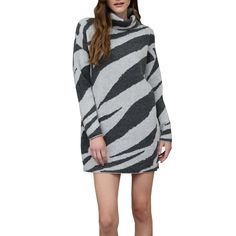 Unleash your wild side with the August Sky Women's Zebra Print Turtleneck Long Sleeve Sweater Dress! Featuring a chic, slightly oversized turtleneck and an all-over zebra print in classy neutral tones, this dress is both fierce and sophisticated. The seamless finish and just-right stretch make it ultra-comfy, while the bold pattern keeps things stylish. Whether you're pairing it with booties or accessorizing to show off your unique flair, this sweater dress is your new go-to for cozy days with a Ribbed Bodycon Midi Dress, Lantern Sleeve Sweater, Cable Knit Sweater Dress, Oversized Turtleneck, Turtleneck Long Sleeve, Belted Shirt Dress, Long Sleeve Sweater Dress, Mini Sweater Dress, Knit Sweater Dress