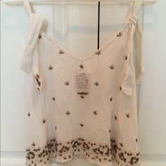 Nwt Fp Tank With Gold/Copper Beading Summer White Beaded Top, White Beaded Top For Summer, Summer Beaded Beige Tops, Beaded Beige Tops For Summer, Summer Beige Beaded Tops, Embellished Cream Top For Summer, White Beaded Bohemian Tops, Free People Tank, Gold Copper