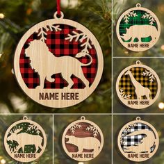 personalized christmas ornament for the tree with different designs and names on it