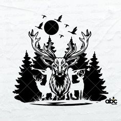 deer and birds in the forest with trees silhouetted on white paper by dg designs