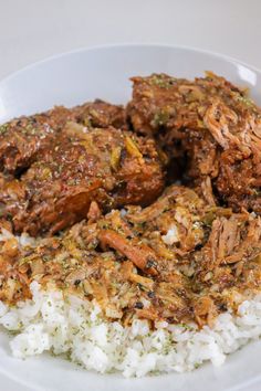 a white plate topped with meat and rice