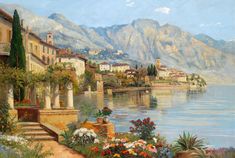 a painting of a lake with houses and flowers in the foreground, and mountains in the background