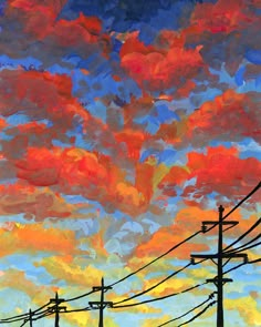 an oil painting of power lines and colorful clouds