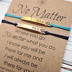 "Charming handmade SET OF TWO bracelets with adjustable closure on inspirational quote card \"No Matter.\" If you would like to customize the card, simply select \"Custom card\" from the drop-down menu, and in the note to seller section at checkout, provide the desired wording. It is a tradition to make a wish when you put on the bracelet. Keep it on and when it falls off, it's believed that your wish will come true! This is a great gift for your friend or loved one. Imagine their surprise when Adjustable Meaningful Name Bracelet As Gift, Inspirational Gold Friendship Bracelets Gift, Inspirational Handmade Name Bracelet As Gift, Meaningful Adjustable Name Bracelet For Best Friend, Adjustable Meaningful Name Bracelet For Best Friend, Adjustable Minimalist Name Bracelet For Best Friend, Minimalist Adjustable Name Bracelet For Best Friend Gift, Minimalist Adjustable Name Bracelet For Best Friend, Personalized Inspirational Adjustable Charm Bracelet