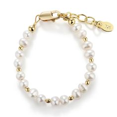 This keepsake bracelet is made with genuine soft white high-end Austrian simulated pearls and 14K Gold-plated beads! This is a high quality bracelet in sterling silver with 14K gold plating. Each bracelet has an extension chain, so as the child grows you just move to the next link for a perfect fit. This bracelet is available in three sizes and is great for infants, babies, toddlers, and kids. This bracelet comes in a beautiful gift box. Hand made in the USA! Make it extra special by adding her White Hypoallergenic Name Bracelet For Anniversary, Hypoallergenic White Name Bracelet For Anniversary, Elegant Adjustable Pearl Bracelet For Baptism, Classic Adjustable White Name Bracelet, Classic White Adjustable Name Bracelet, Elegant Pearl Jewelry For Baptism, Elegant Pearl White Jewelry For Baptism, Classic White Bracelets For Mother's Day, Classic Gold Pearl Bracelet Hypoallergenic