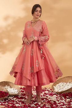 Pink angrakha anarkali with floral embroidery. Paired with a pant and dupatta with floral embroidery work. - Aza Fashions Designer Transitional Anarkali Set With Resham Embroidery, Anarkali Traditional Wear In Tissue Silk With Dabka Work, Anarkali Traditional Wear With Dabka Work In Tissue Silk, Designer Anarkali Traditional Wear In Dola Silk, Festive Long Sleeve Tissue Silk Anarkali Set, Anarkali Tissue Silk Kurta With Dabka Work, Designer Tissue Silk Anarkali Set With Cutdana, Designer Anarkali Set With Cutdana In Tissue Silk, Cotton Silk Salwar Kameez For Reception