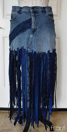 Gloria Vanderbilt, Blue Denim Upcycled, Lace, Ribbon, Unique One of A Kind, Festival, Event, Costume, Fringe Skirt - Etsy Upcycled Blue Bottoms For Spring, Upcycled Blue Denim Skirt For Spring, Blue Bohemian Recycled Denim Bottoms, Bohemian Blue Recycled Denim Bottoms, Bohemian Blue Upcycled Bottoms, Upcycled Blue Bottoms For Festivals, Blue Recycled Denim Skirt For Spring, Spring Blue Recycled Denim Skirt, Blue Denim Skirt For Spring Festival