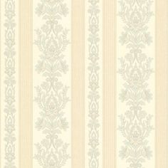 a beige and white striped wallpaper with an ornate design